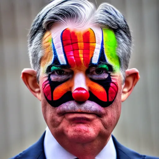 Image similar to Jerome Powell with colorful clown makeup all over his face