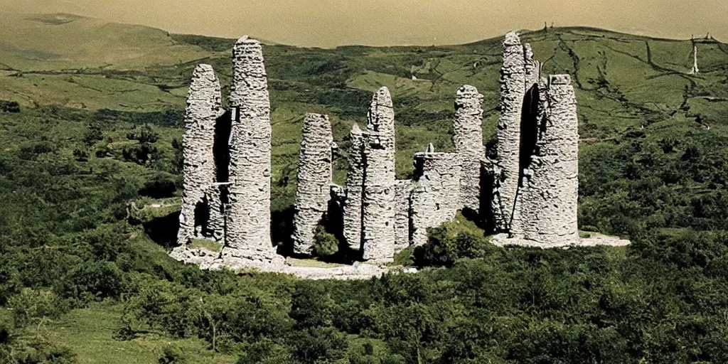 Image similar to A full color still from a Stanley Kubrick film featuring a a large black tower made of stone in a green valley, 35mm, 1975