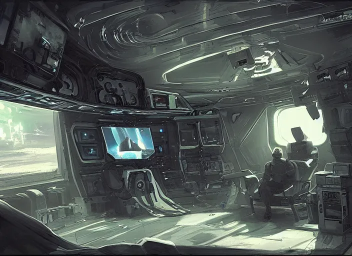 Image similar to a man sitting on a chair with things attached to his head, screens and monitors in front of him playing videos, ship interior, narrow hallway, scifi, dramatic lighting, concept art, surreal, by rutkowski