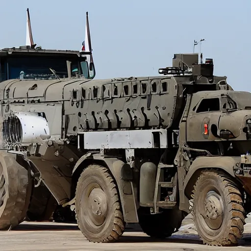 Prompt: armored tractor mounted with AGM-88 missiles