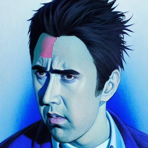 Image similar to prompt : blue nicolas cage illustration portrait soft light painted by james jean and katsuhiro otomo and erik jones, inspired by evangeleon anime, smooth face feature, intricate oil painting, high detail illustration, sharp high detail, manga and anime 1 9 9 9