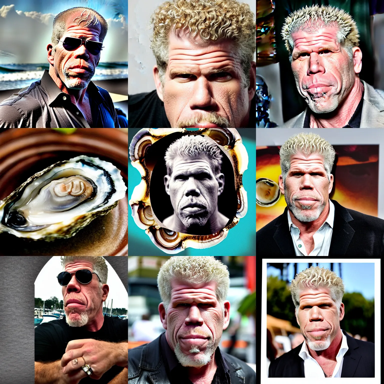 Prompt: a photo of ron perlman's head in a oyster