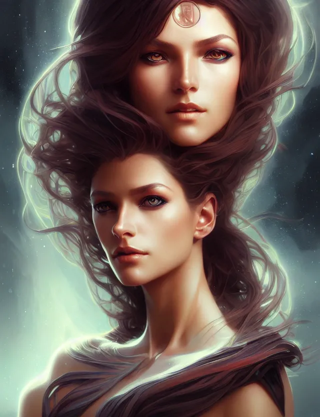 Image similar to futuristic woman portrait, sci-fi, amber eyes, face, long hair, fantasy, intricate, elegant, highly detailed, digital painting, artstation, concept art, smooth, sharp focus, illustration, art by artgerm and greg rutkowski and alphonse mucha