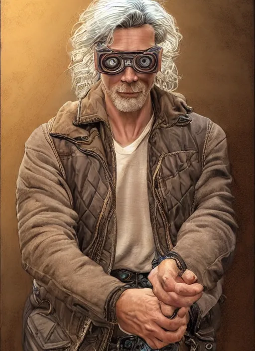 Prompt: a ruggedly handsome young man with white hair and safety goggles, intricate, elegant, highly detailed, centered, digital painting, artstation, concept art, smooth, sharp focus, illustration, art by todd lockwood and donato giancola and Joseph Christian Leyendecker