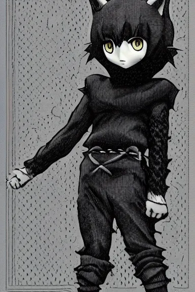 Image similar to attractive little boy in cat suit, black and white artwork made by kentaro miura and yoshihiro togashi and ilya kuvshinov