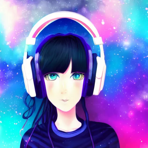 Prompt: girl with black hair and blue eyes wearing headphones, galaxy background, anime, digital art, ultra detailed, 4K