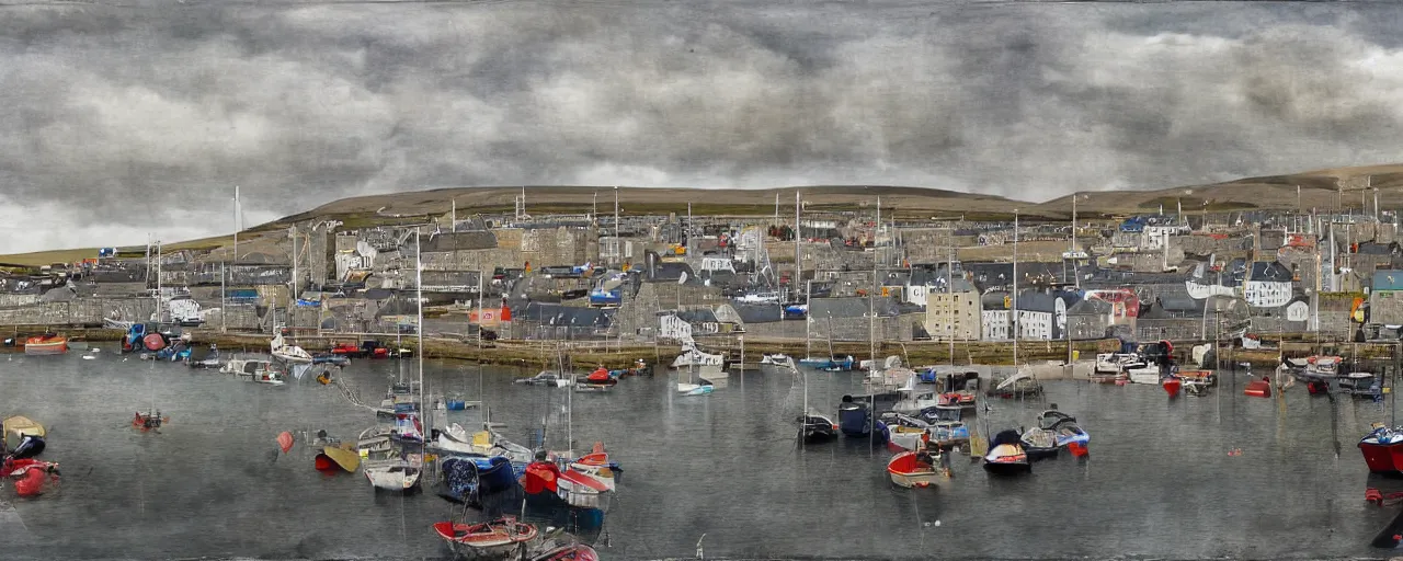 Prompt: a painting of the harbour at Stromness orkney, dadaist collage, photmontage