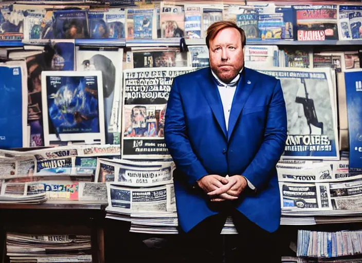 Image similar to dslr photo still of infowars host alex jones in a blue suit fat beard and mustache sitting depressed in a room filled to the ceiling with newspapers, 5 2 mm f 5. 6