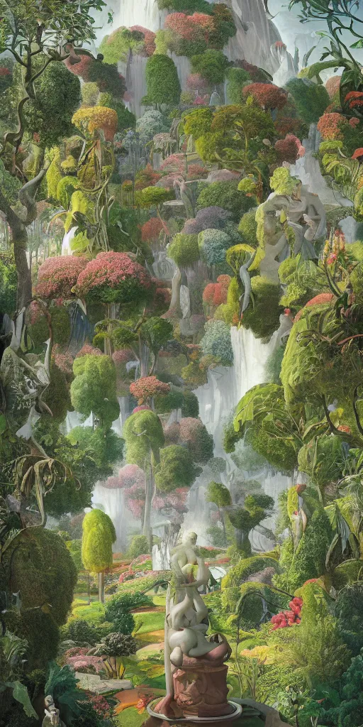 Image similar to bosch and beeple painting of a magnificent garden filled with remarkable sculptures, trees, and structures, incredible details