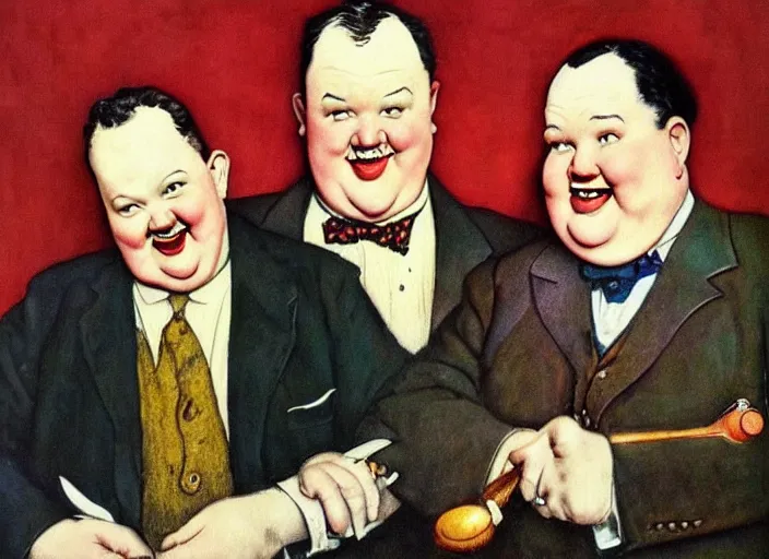 Image similar to “ portrait of laurel and hardy, by norman rockwell and robert crumb, coloured ”