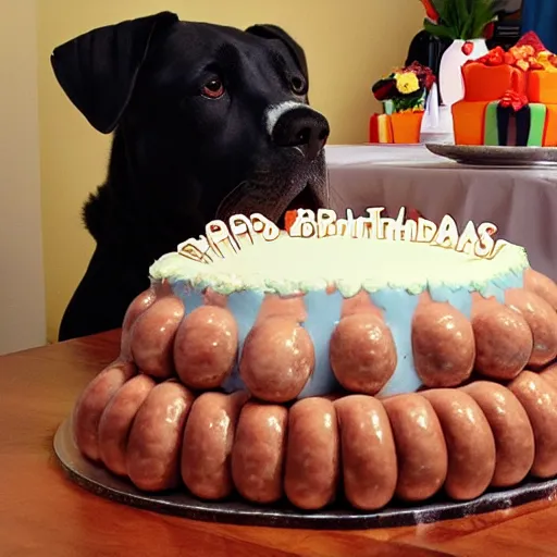 Prompt: a big dog drooling over a birthday cake made entirely of sausages