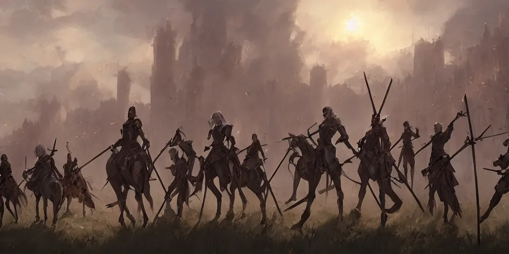 Image similar to army of powerful medieval knights holding spears and flags on horses by makoto shinkai, fire emblem, anime, nier automata environment concept artstyle, greg rutkowski and krenzcushart