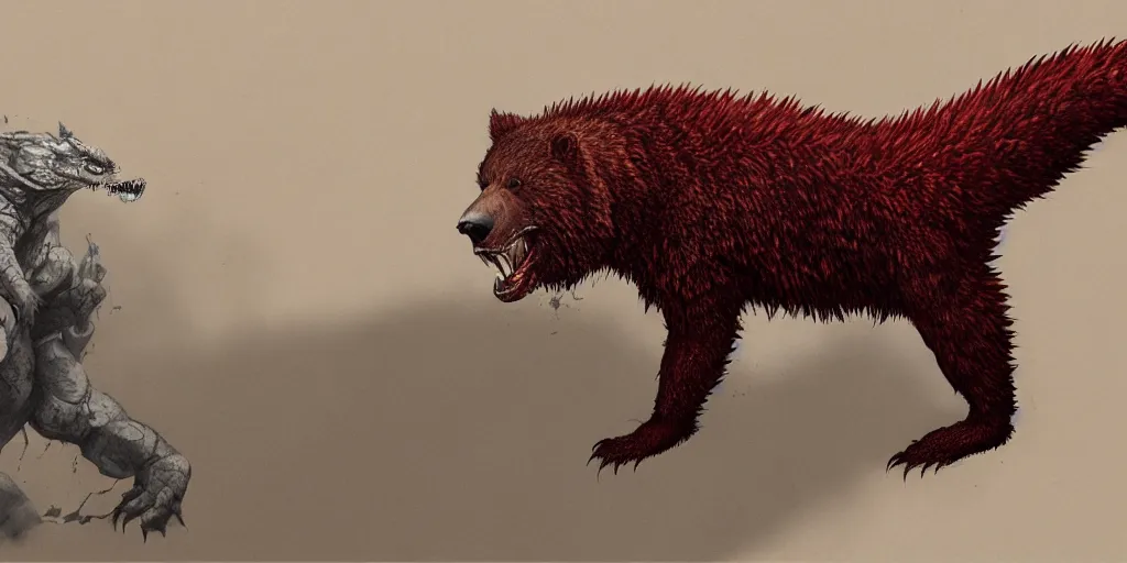 Image similar to Crimson red draconian grizzly bear character design sheet, scaly, demonic, reptilian, white stripes all over its body, Moebius, Greg Rutkowski, Zabrocki, Karlkka, Jayison Devadas, Phuoc Quan, trending on Artstation, 8K, ultra wide angle, zenith view, pincushion lens effect.