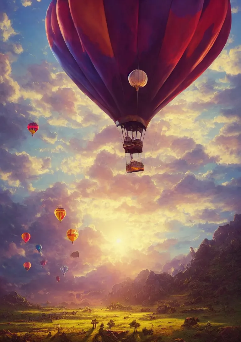 Image similar to beautiful hyper realistic detailed matte painting of sky full of colorful hot air balloons, hd, hdr, by Moebius and John Howe and Albert Bierstadt and Alena Aenami, ultra detailed, high resolution