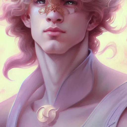 Image similar to Sailor Moon as a male, pale skin curly blond hair, fantasy, intricate, elegant, highly detailed, digital painting, artstation, concept art, matte, sharp focus, illustration, art by Artgerm and Greg Rutkowski and Alphonse Mucha