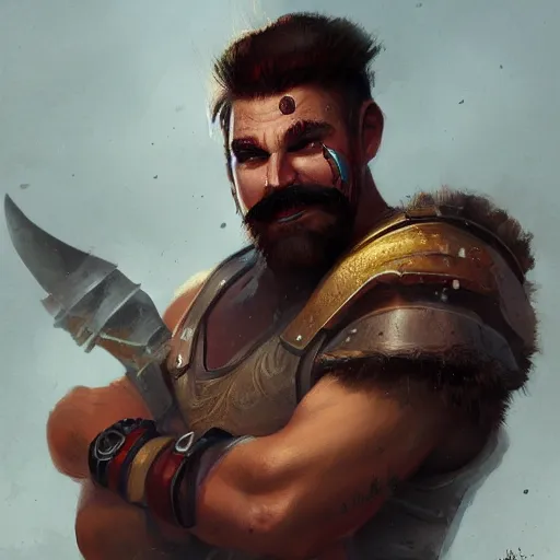 Image similar to portrait barbarian gladiator with trucker mustache and short hair, 8 k, trending on art station, by tooth wu and greg rutkowski