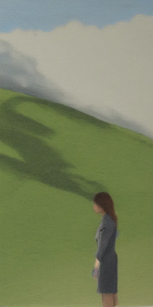 Image similar to side profile of woman in shadow overlooking a green hillside, white chalk outline in the distance, sun shining and clouds in the sky sketch quality or painting