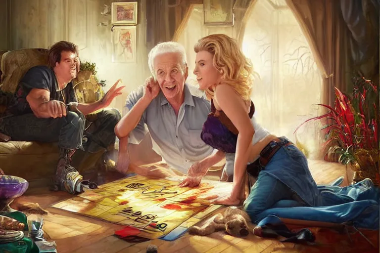 Image similar to portrait of bob barker playing twister with scarlett johansson, an oil painting by ross tran and thomas kincade