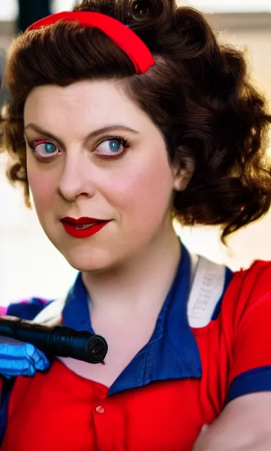 Image similar to photo of rachel bloom as rosie the riveter in real life, 8 k resolution