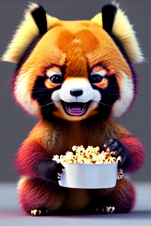Image similar to high quality 3 d render hyperrealist very cute gothic happy red panda & koala hybrid eating popcorn, vray smooth, detective pikachu, very dramatic light, low angle, uhd 8 k, shallow depth or field
