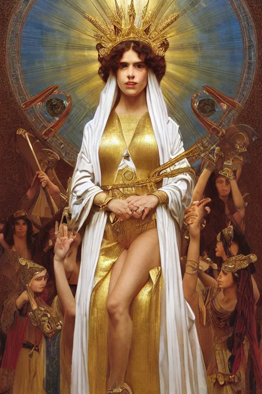 Image similar to Portrait of historically accurate, biblical, sneering, young, wicked, terrible, evil, pagan, beautiful, queen jezebel of ancient Israel, wearing gilded robes, long hair, intricate, elegant, highly detailed, masterpiece, illustration, art by artgerm and greg rutkowski and alphonse mucha and Wayne Barlowe and william-adolphe bouguereau, highly detailed, trending on artstation, award winning