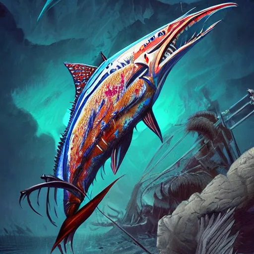 Image similar to zombified tribal sailfish, trending on artstation, ultra fine detailed, hyper detailed, hd, concept art, digital painting