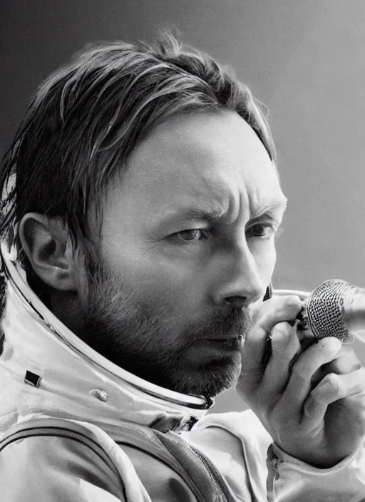 Prompt: calm thom yorke singer songwriter frontman, in spacesuit filling up with water, ultrafine detail, hyper realistic face, beautiful blue eyes, black spherical pupils, eyes reflecting into eyes reflecting into infinity, eyes reflecting into eyes reflecting into infinity