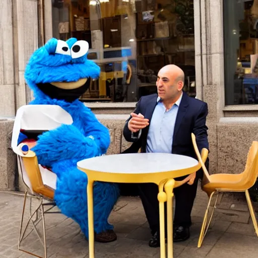 Prompt: lebanese Kevin O'leary talking with cookie monster, in a café