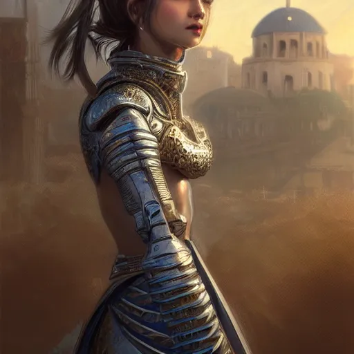 Image similar to portrait knights of Zodiac girl, silver and ice color reflected armor, in ruined Agora of Athens, ssci-fi, fantasy, intricate, very very beautiful, elegant, golden light, highly detailed, digital painting, artstation, concept art, smooth, sharp focus, illustration, art by tian zi and WLOP and alphonse mucha