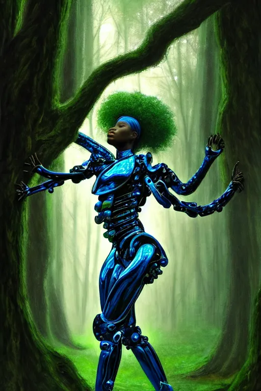 Image similar to hyperrealistic post - baroque super expressive! black woman with exoskeleton armor, merging with tree in a forest, highly detailed digital art masterpiece smooth cam de leon eric zener dramatic pearlescent blue green light ground angle hd 8 k sharp focus