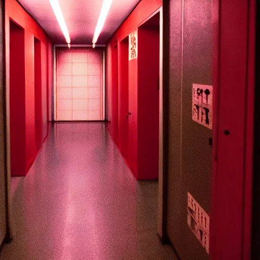 Image similar to noisy color photograph of a retrofuturist modern liminal space, laboratory, prison, red lights, automatic doors, minimalist, cinematic, soft vintage glow