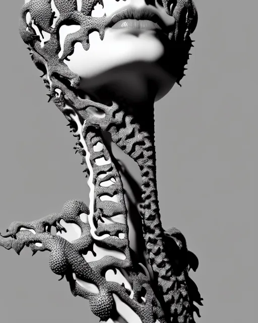 Image similar to a black and white high quality photo of a young beautiful female queen-dragon-cyborg bust with a very long neck and Mandelbrot fractal face, Mandelbrot fractal skin, flesh, anatomical, facial muscles, veins, arteries, elegant, highly detailed, flesh highly baroque ornate, hair are cable wires, elegant, high fashion, rim light, octane render, in the style of H.R. Giger and Man Ray, Realistic, Refined, Digital Art, Highly Detailed, Cinematic Lighting, rim light, black and white, photo-realistic, 8K