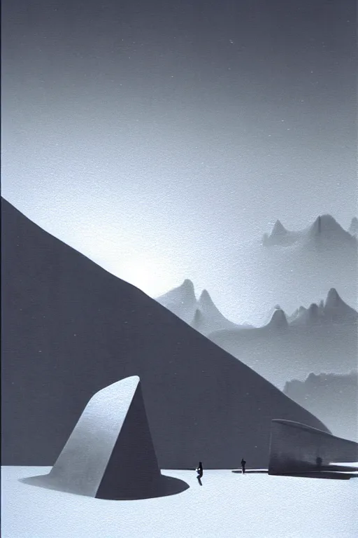 Image similar to emissary space by arthur haas and bruce pennington and john schoenherr, photo realism, cinematic matte painting, minimal modern, zaha hadid building in the mountains with falling snow, dark monochrome color palate, pink sunset,