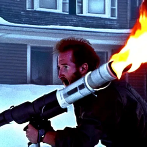 Image similar to movie still of harry kane with a flamethrower in the thing (1982), john carpenter, cinematic,
