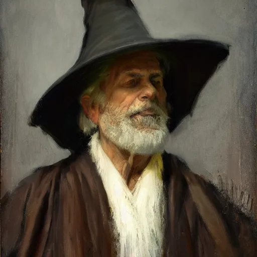 Image similar to Solomon Joseph Solomon and Richard Schmid and Jeremy Lipking victorian genre painting portrait painting of a old rugged actor wizard wearing a wizard hat and robe from the hobbit , red background