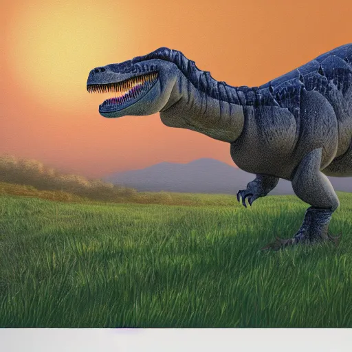 Image similar to dinosaur in the distance walking through shrubbery, over hills, misty, sunset, painting, detailed landscape