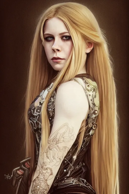 Image similar to portrait of avril lavigne, 3 0 years old, upper body, d & d, fantasy, intricate, elegant, highly detailed, digital painting, artstation, concept art, smooth, sharp focus, illustration, art by artgerm and greg rutkowski and alphonse mucha