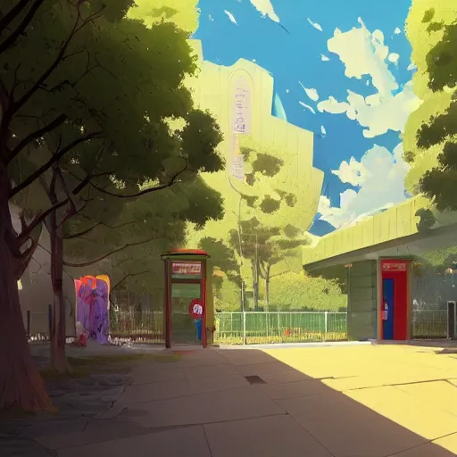 Image similar to a beautiful picture of the entrance of a school, art by masaaki yuasa, and greg rutkowski, trending on artstation