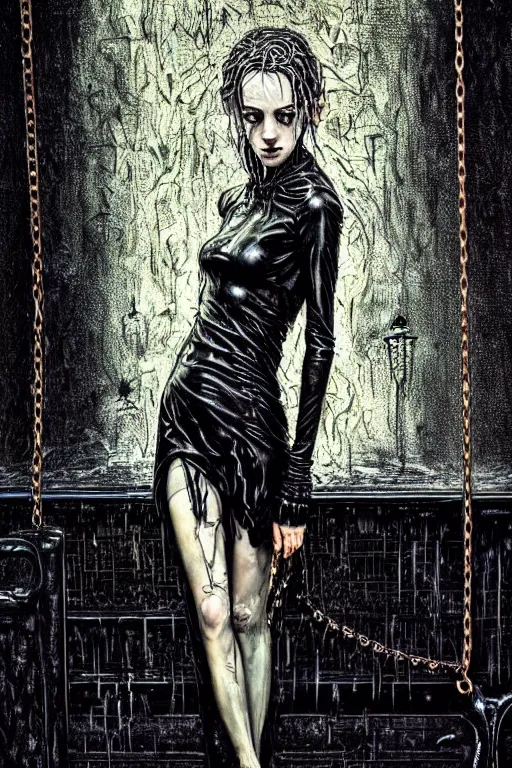 Prompt: dreamy gothic girl, black leather slim clothes, chains, wet room, beautiful body, detailed acrylic, grunge, intricate complexity, by dan mumford and by alberto giacometti, peter lindbergh