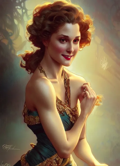 Image similar to “ a beautiful young beau garrett as femme fatale smiling and winking, intricate, elegant, highly detailed, digital painting, artstation, concept art, smooth, sharp focus uhd 8 k, art by artgerm and greg rutkowski and alphonse mucha ”