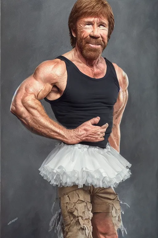 Image similar to a full body picture of Chuck Norris wearing a tutu, oil on canvas, intricate, portrait, 8k highly professionally detailed, HDR, CGsociety