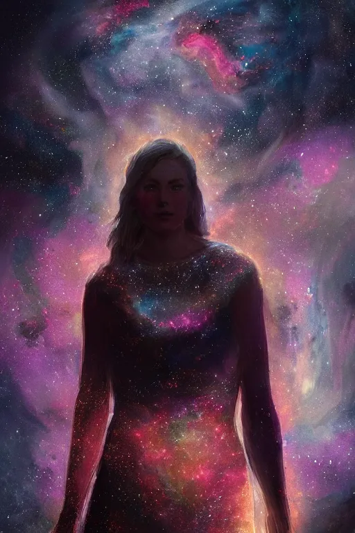 Image similar to a woman, wearing a dress made of stars and nebulae, dramatic, volumetric lighting, planets in the background, smooth, sharp focus, very detailed, by greg rutkowski, artstation, tom badshaw, 8 k, symmetrical face