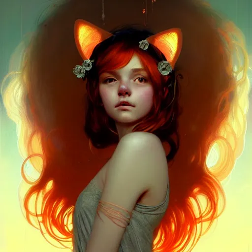 Image similar to Portrait of a girl angel with light orange fuzzy frizzy hair, cat ears, glowing halo, wings, fantasy, intricate, elegant, highly detailed, digital painting, artstation, concept art, smooth, sharp focus, illustration, art by Krenz Cushart and Artem Demura and alphonse mucha