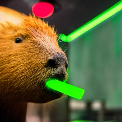 Image similar to photo of a capybara eating a nvidia gpu, neon lighting, nature photography, 8 k, canon 3 0 0 mm, professional photographer, 4 0 mp, lifelike, top - rated, award winning, realistic, sharp, no blur, edited, corrected, trending