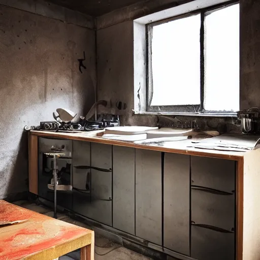 Prompt: kitchen on fire, plumberpunk brutalism