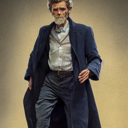 Prompt: willem dafoe as a rough dirty old man with a scruffy beard in a dark blue trenchcoat as the new doctor who, cinematic, volumetric lighting, f 8 aperture, cinematic eastman 5 3 8 4 film, photorealistic by greg rutkowski