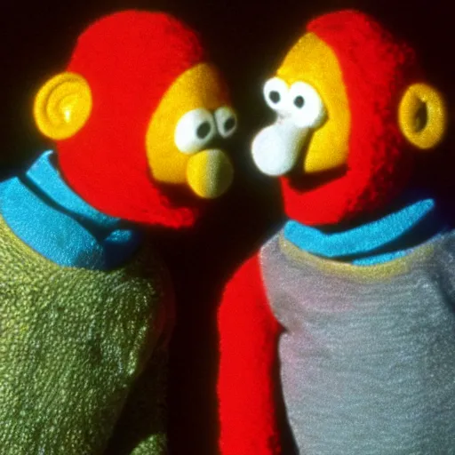 Image similar to 90's horror film about Bert and Ernie from sesame street, photorealistic, highly detailed