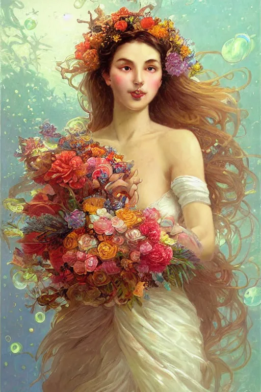 Image similar to portrait of a beautiful mysterious woman holding a bouquet of flowing flowers, small bubbles from her mouth, hands hidden under the bouquet, submerged underwater filled with colorful small fish and coral reef, fantasy, regal, intricate, by stanley artgerm lau, greg rutkowski, thomas kindkade, alphonse mucha, loish, norman rockwell