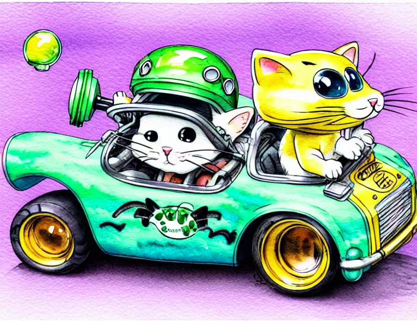 Image similar to cute and funny, kitten wearing a helmet riding in a tiny hot rod with oversized engine, ratfink style by ed roth, centered award winning watercolor pen illustration, isometric illustration by chihiro iwasaki, edited by range murata, tiny details by artgerm and watercolor girl, symmetrically isometrically centered