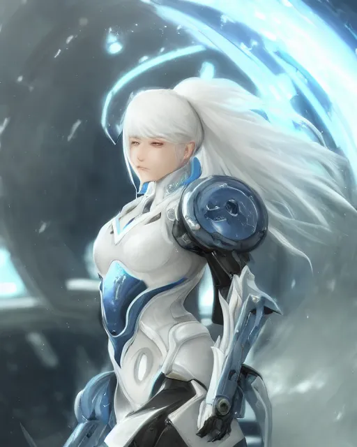 Image similar to perfect white haired girl, warframe armor, beautiful, dreamy, half asian, pretty face, blue eyes, detailed, windy weather, scifi platform, laboratory, experiment, 4 k, ultra realistic, epic lighting, cinematic, high detail, masterpiece, art by akihito tsukushi, akihiko yoshida, voidstar